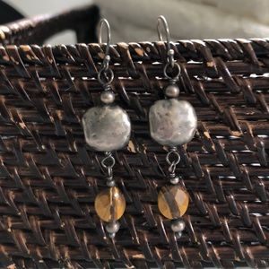 Hammered silver drop earrings -tiger gold-stone